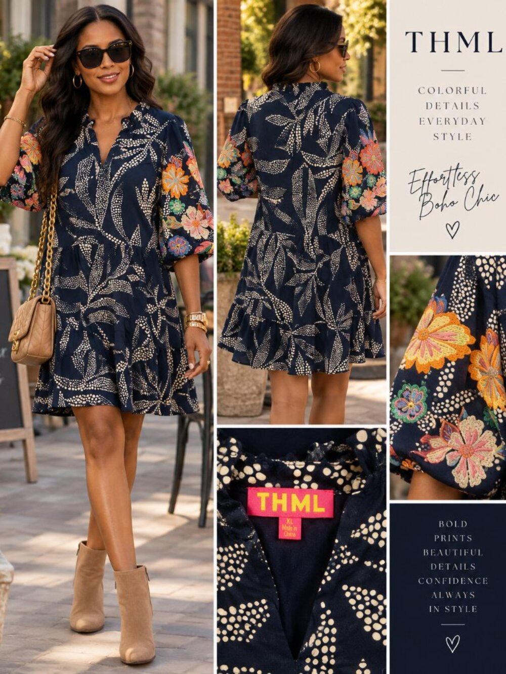 THML Dress Womens XL Navy Embroidered Floral Sleeve Boho Tiered Pockets Rayon